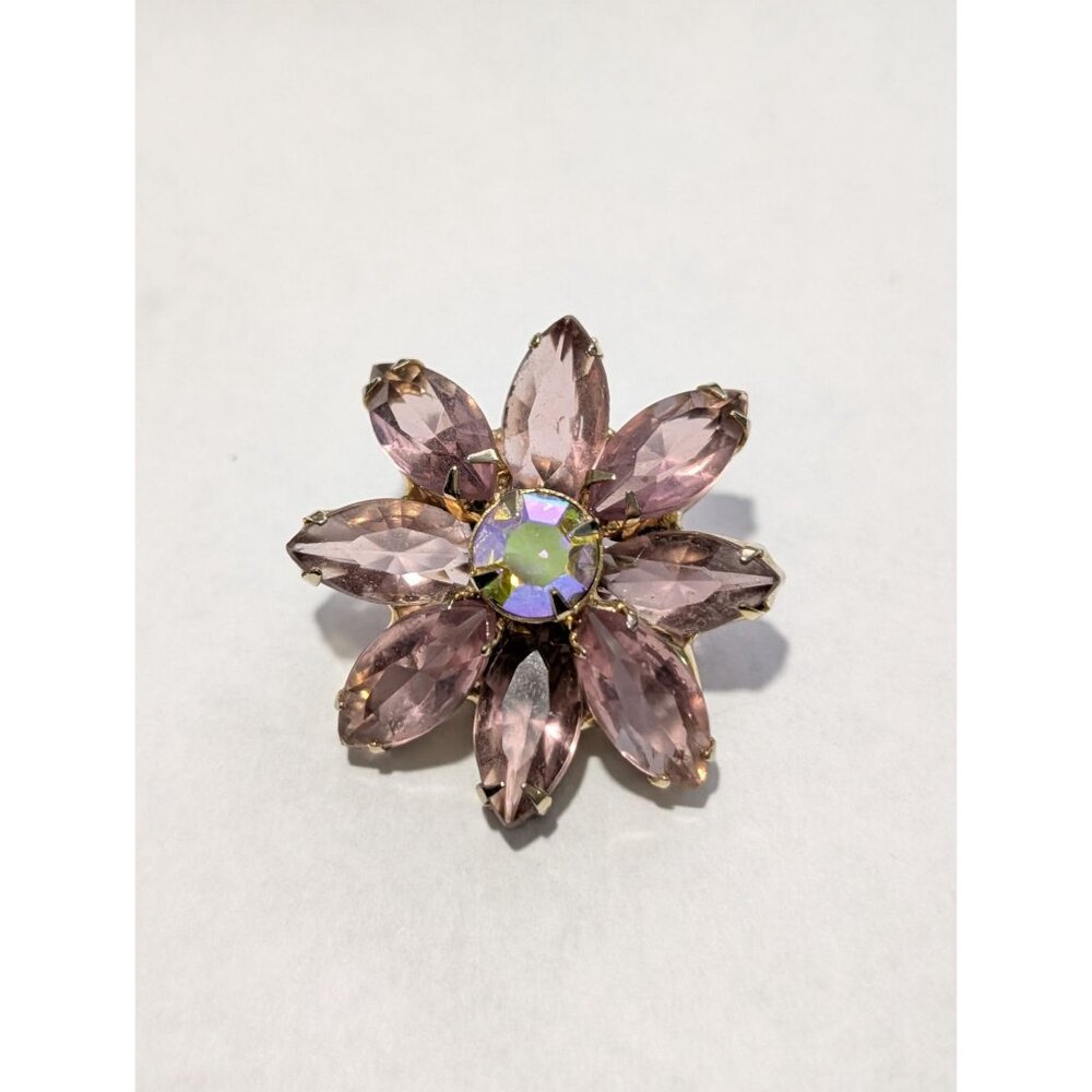 Vintage Flower Clip-On Earrings Purple Rhinestones Aurora Borealis Center - Picture 2 of 13